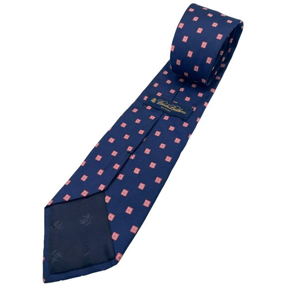 Brooks Brothers Mens Silk Tie Navy Blue Pink White Geometric Pattern Classic - Picture 4 of 6